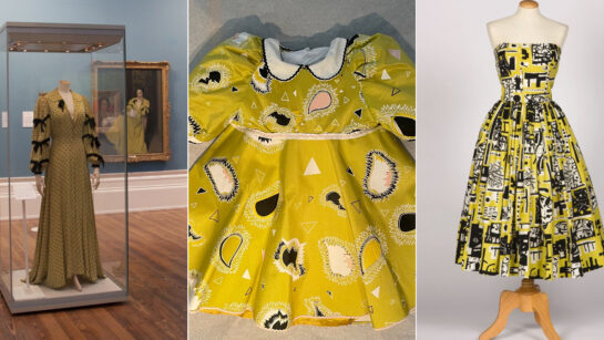 Image collage of three yellow dresses side by side