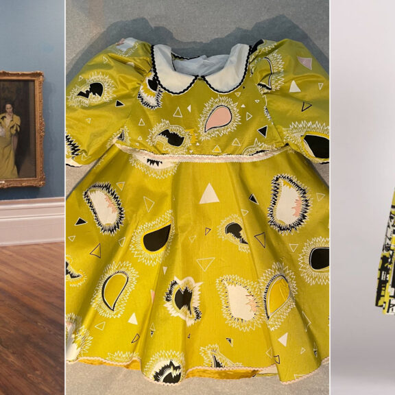 Image collage of three yellow dresses side by side