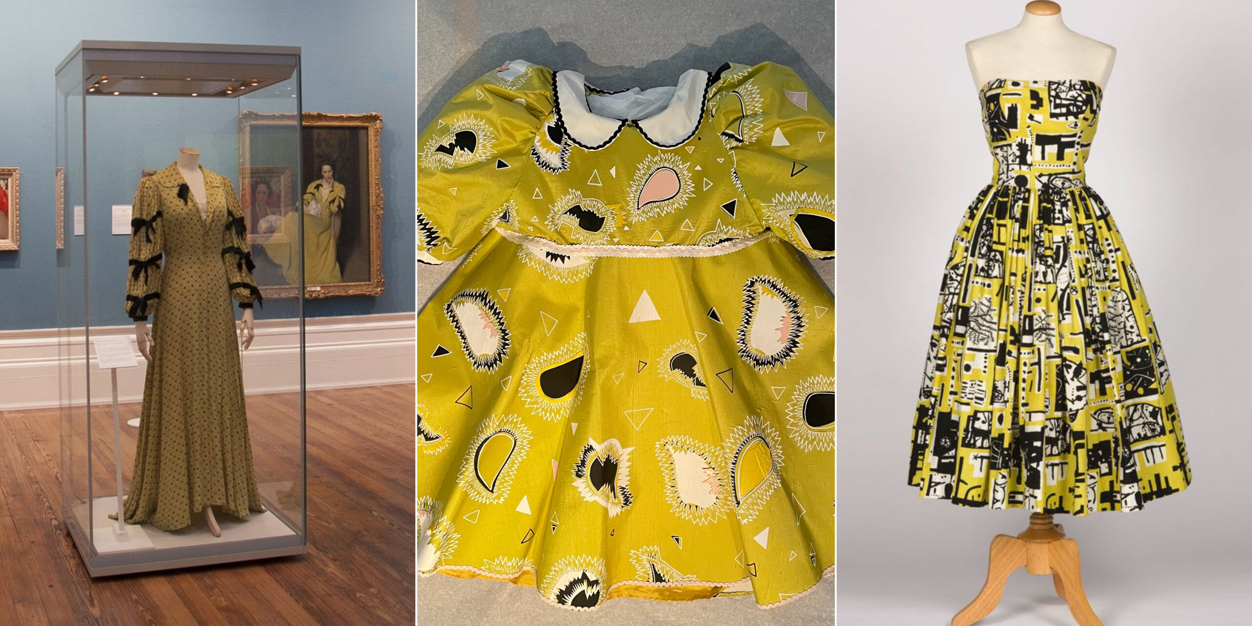 Image collage of three yellow dresses side by side