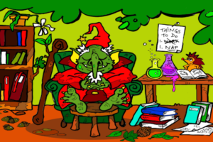 Cartoon green goblin in a red suit resting his feet on a wooden table