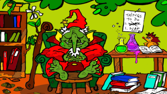 Cartoon green goblin in a red suit resting his feet on a wooden table