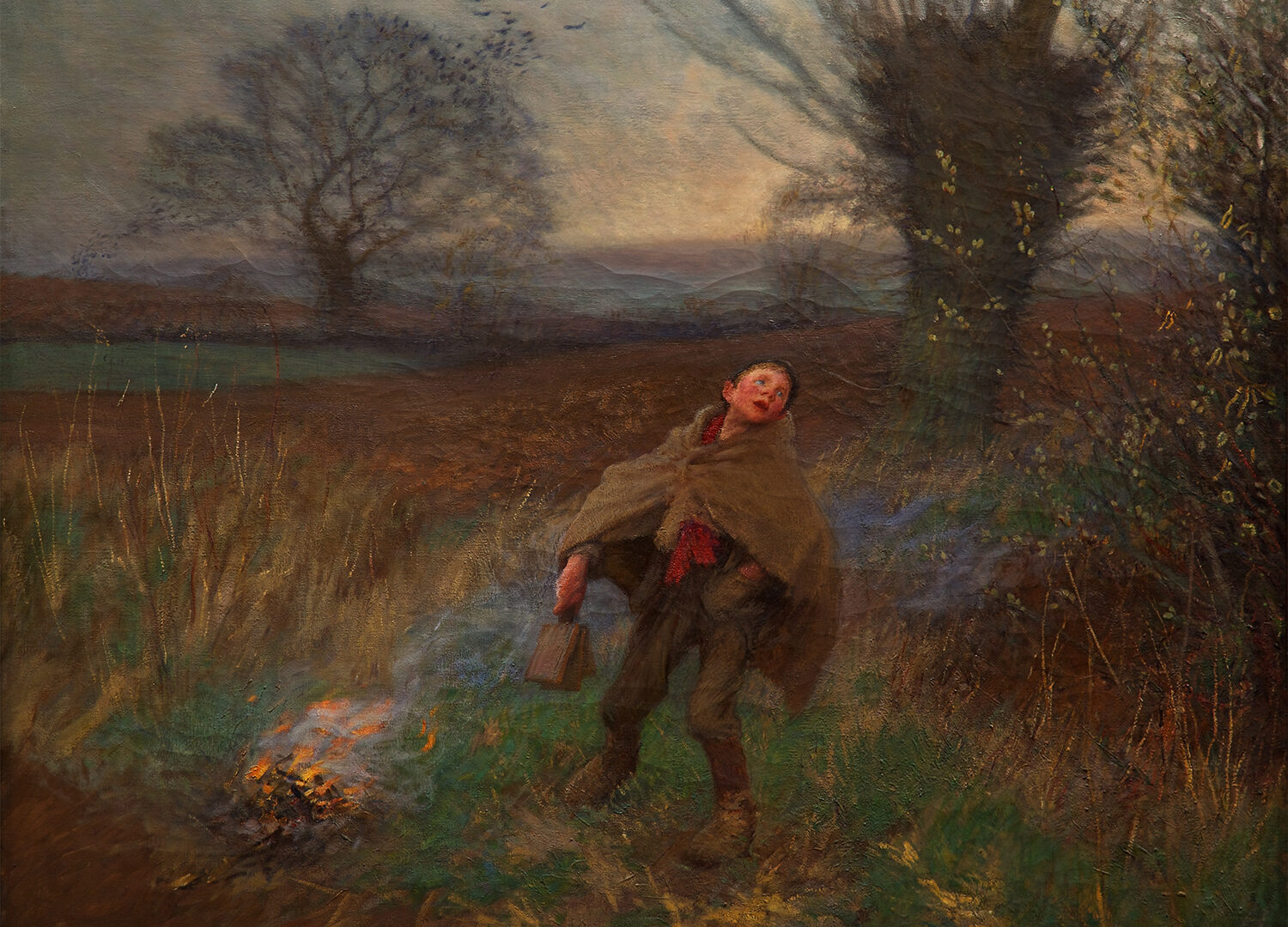 Painting of a man scaring birds