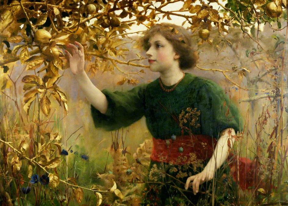 Image of a painting of a person picking an apple from a tree