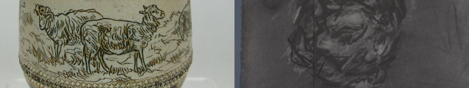 Split image of a vase and charcoal drawing