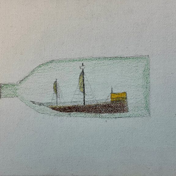 Drawing of a ship inside a glass bottle