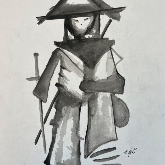 Image of a black and white drawing of a person wearing a triangular hat and holding a long sword