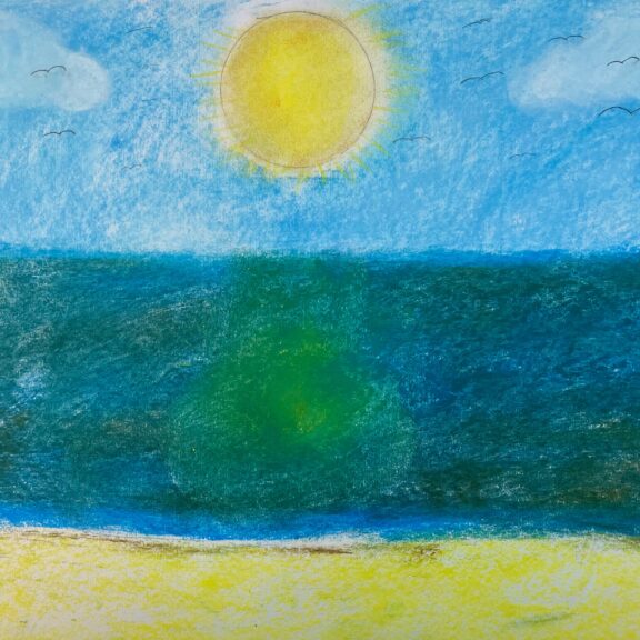 Image of a colourful artwork showing the sun setting on a beach