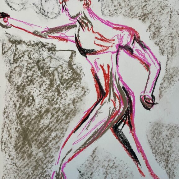 Drawing of a male figure outlined in pink and red