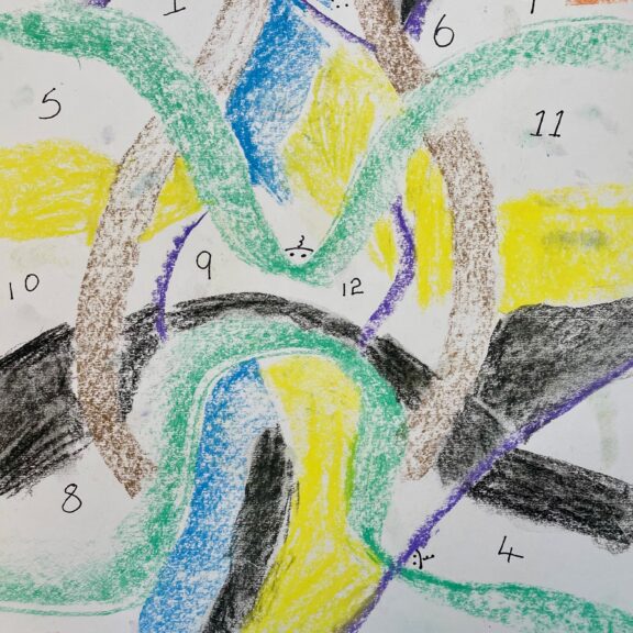 Colourful line drawing with number one to twelve visible