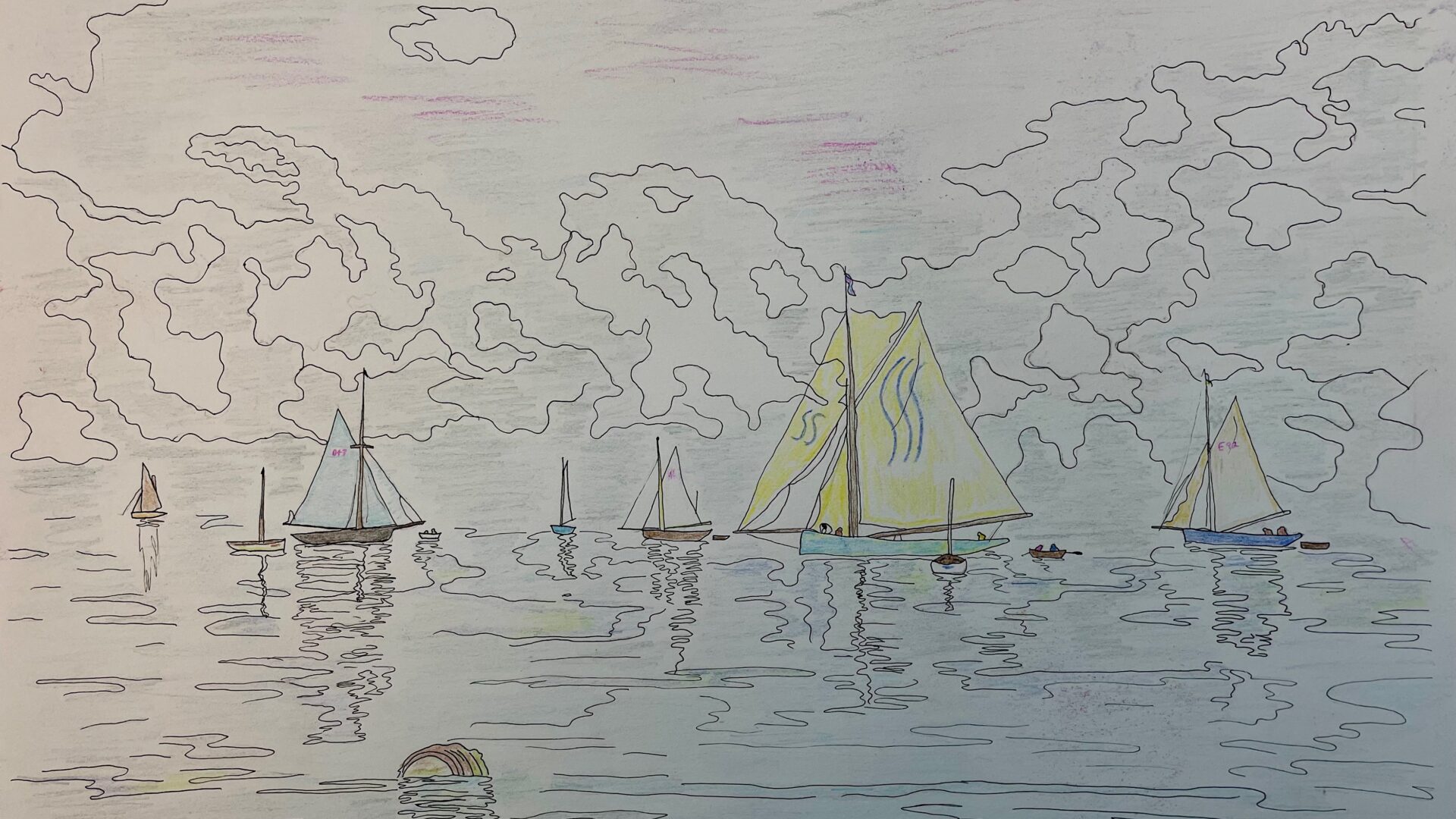 Image of a colourful drawing of seven boats sailing on the sea