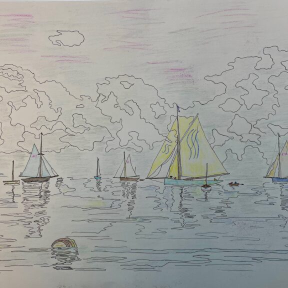 Image of a colourful drawing of seven boats sailing on the sea