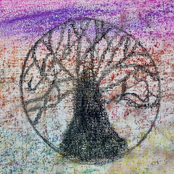 Colourful drawing of the tree of life in a circle