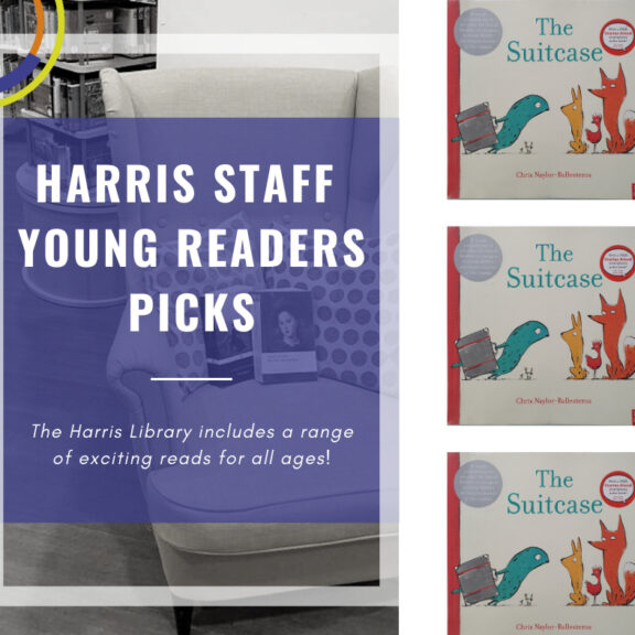 Harris Young Readers purple graphic overlayed on an image of books