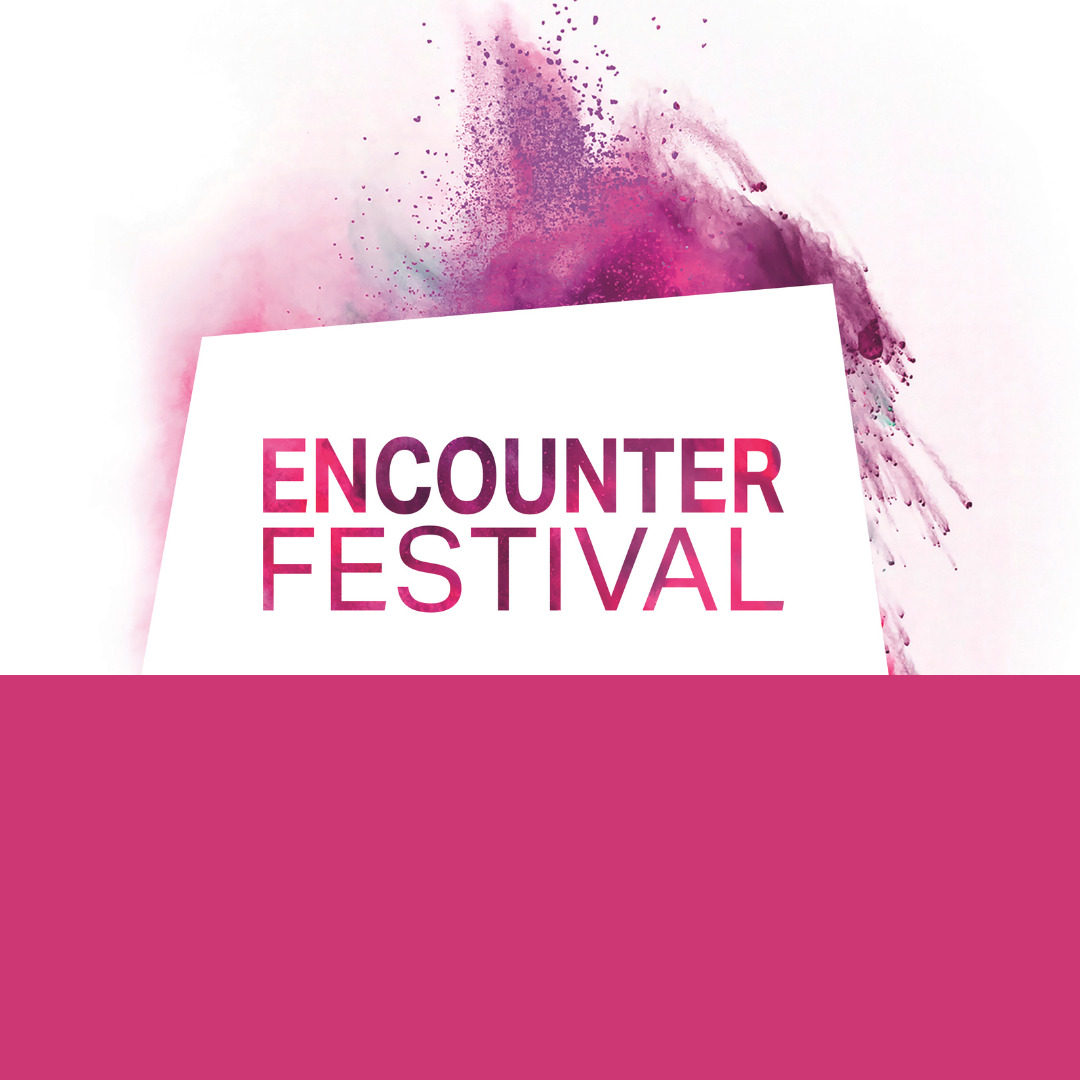 The Encounter Festival logo on a pink and white background