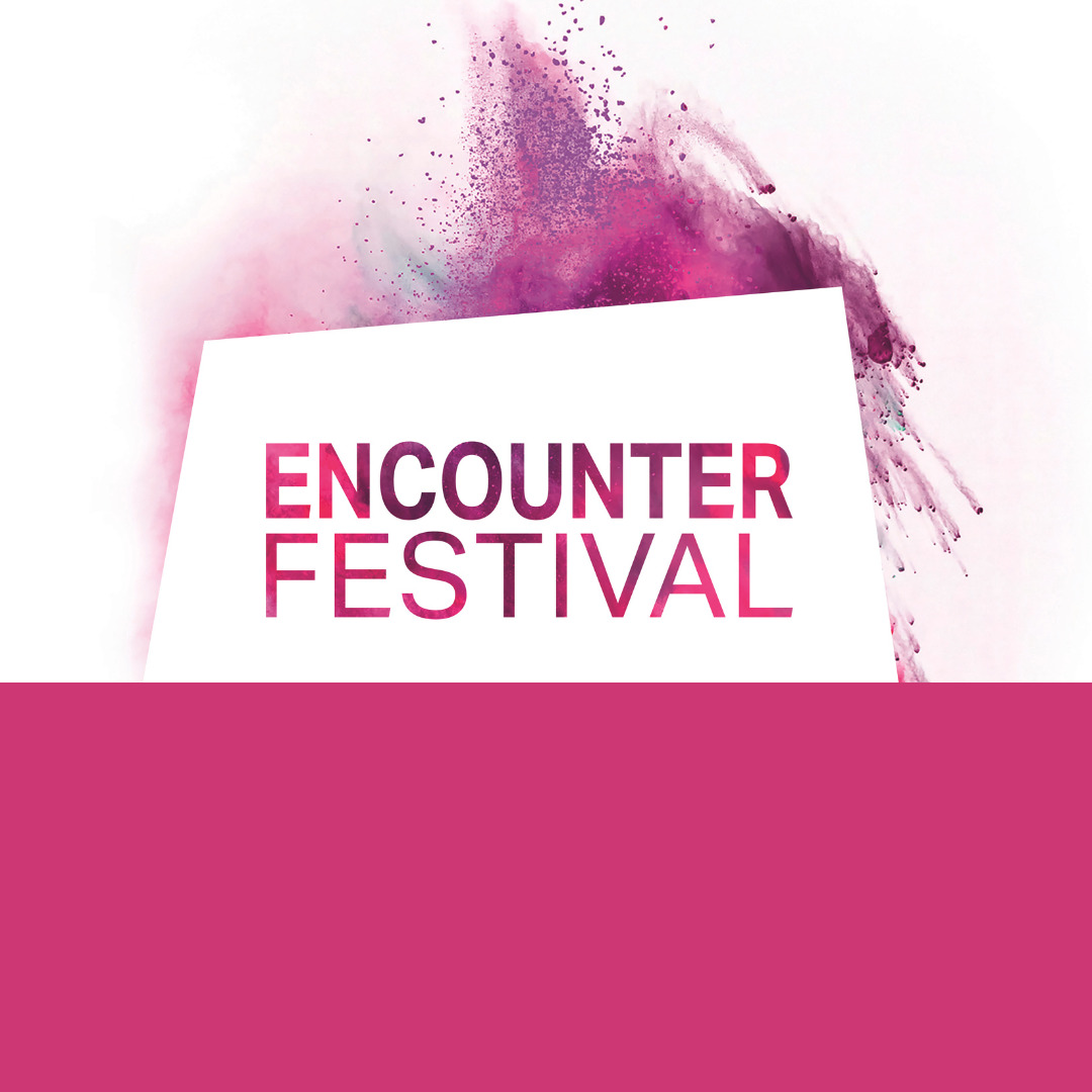 The Encounter Festival logo on a pink and white background