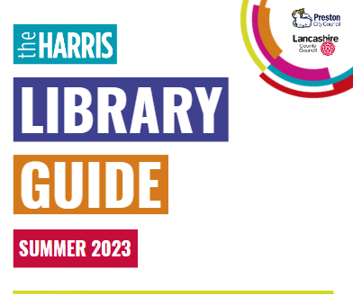 A graphic with 'The Harris Library Guide' in multiple bright colours