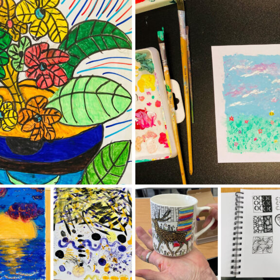 A collage of colourful drawings and paintings created by the Foxton Art Centre.