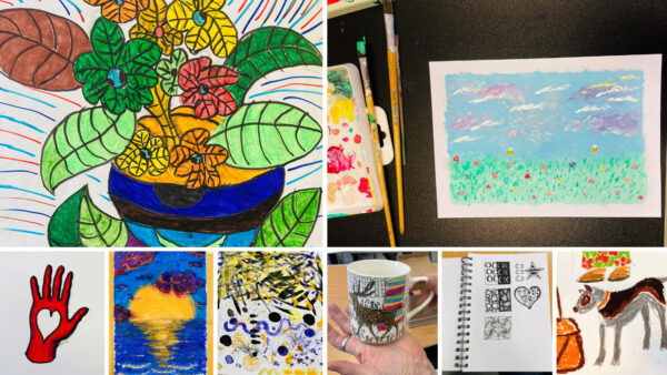 A collage of colourful drawings and paintings created by the Foxton Art Centre.