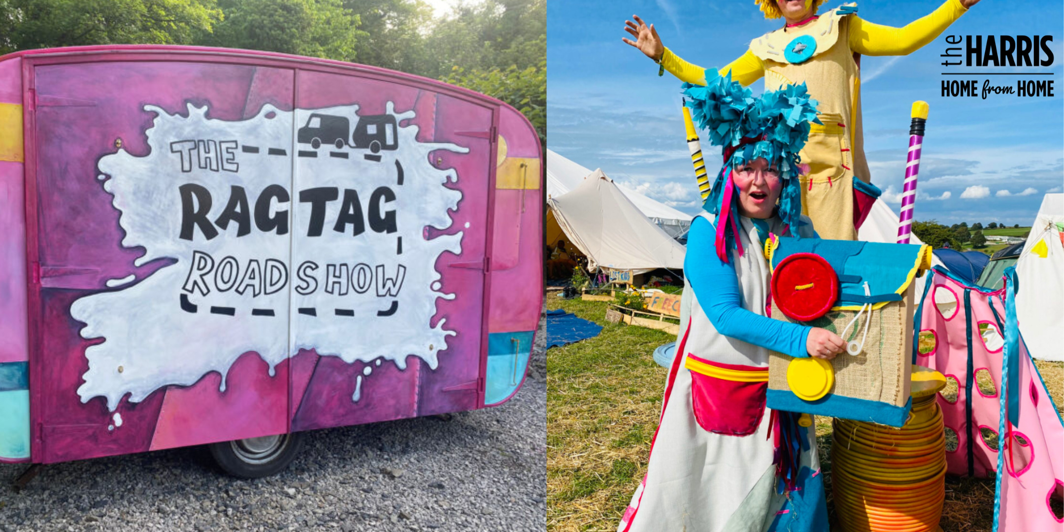 A pink trailer with The Rag Tag Roadshow written on it with black and white paint. Next to the trailer is an image of two performers in blue and yellow costumes.