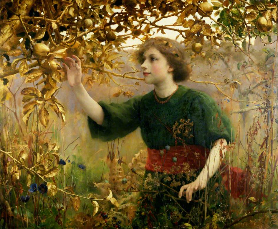 A painting of a young woman in a green dress reaching towards a tree with golden leaves.