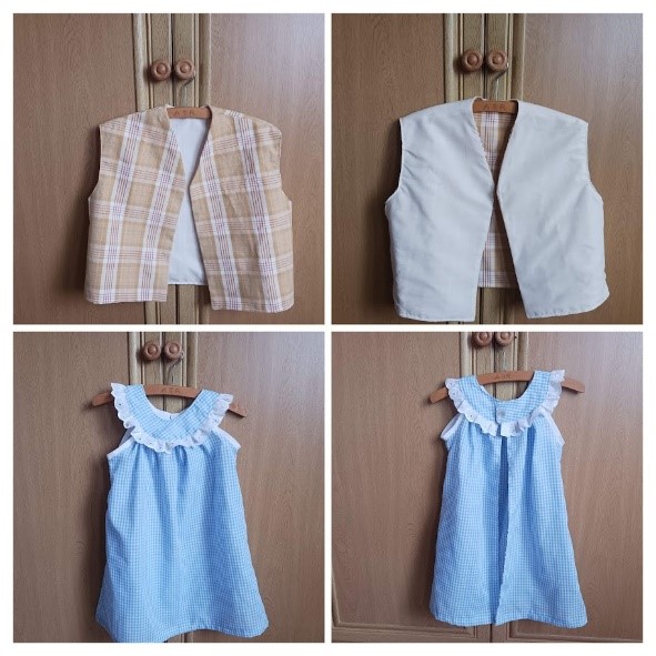 Four pictures next to one another. The top two pictures are of a patterned waistcoat, and the bottom two pictures are of a blue collared, sleeveless shirt.