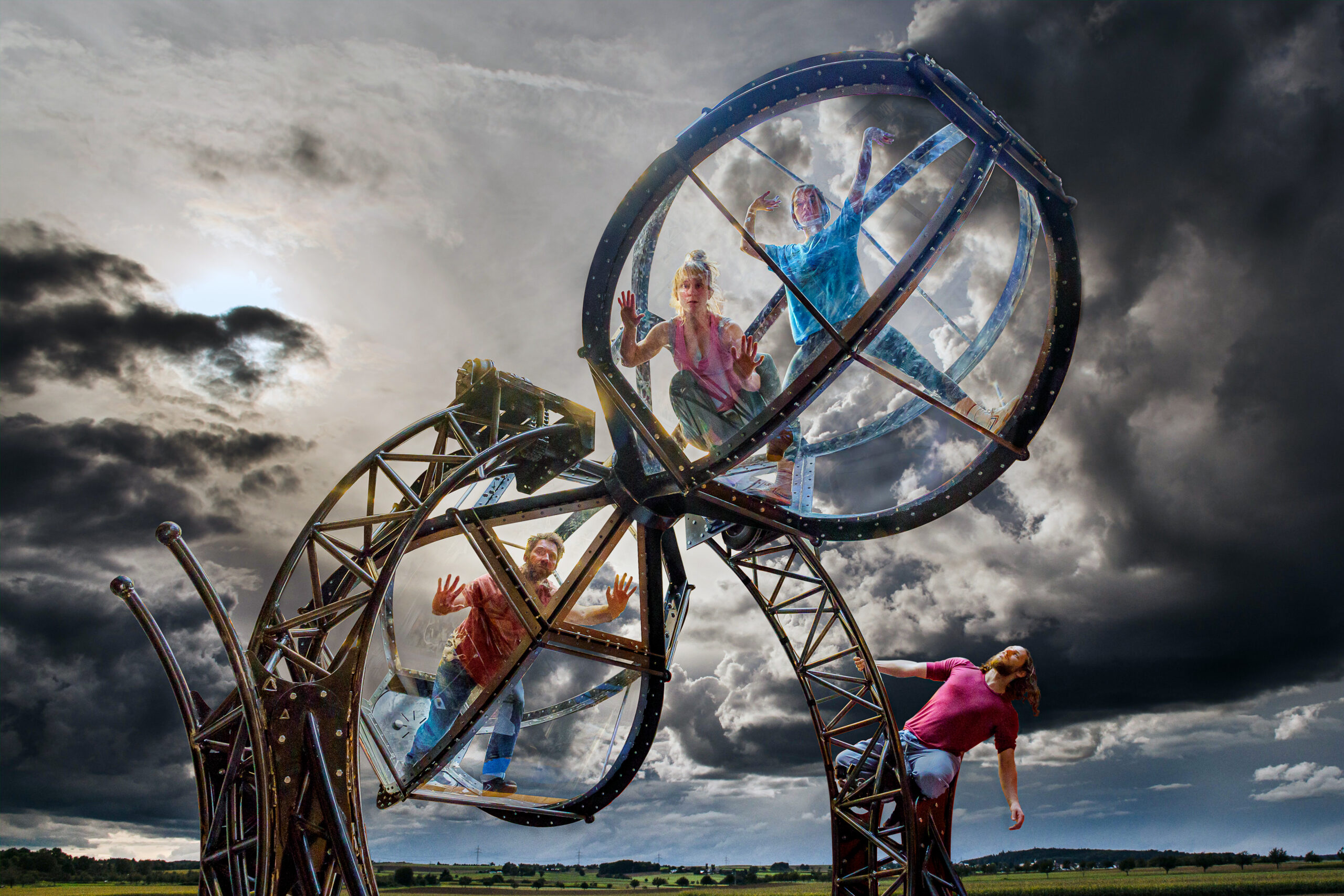 Image of a huge sand timer with people inside.