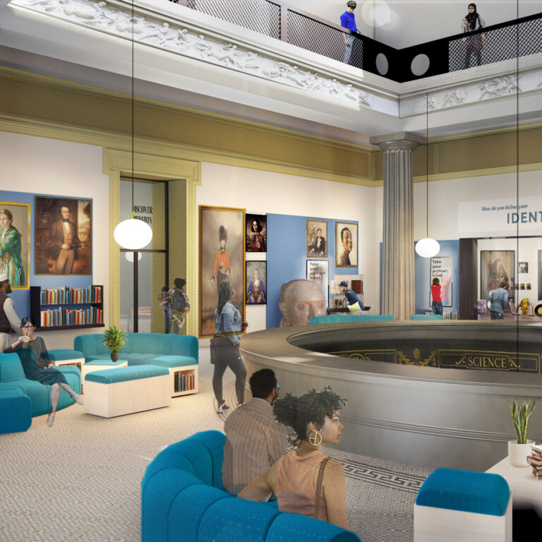 The first floor rotunda space featuring collection items and people sitting down.
