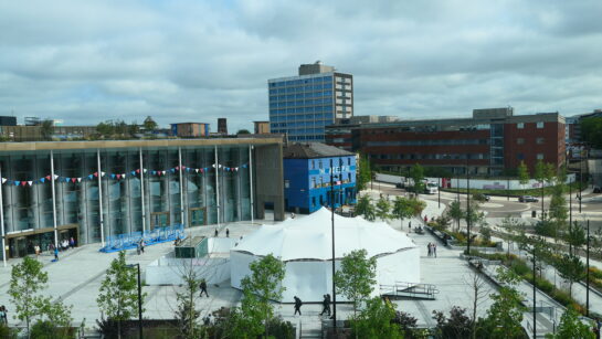 An aerial shot of the mobile event tent at university square.