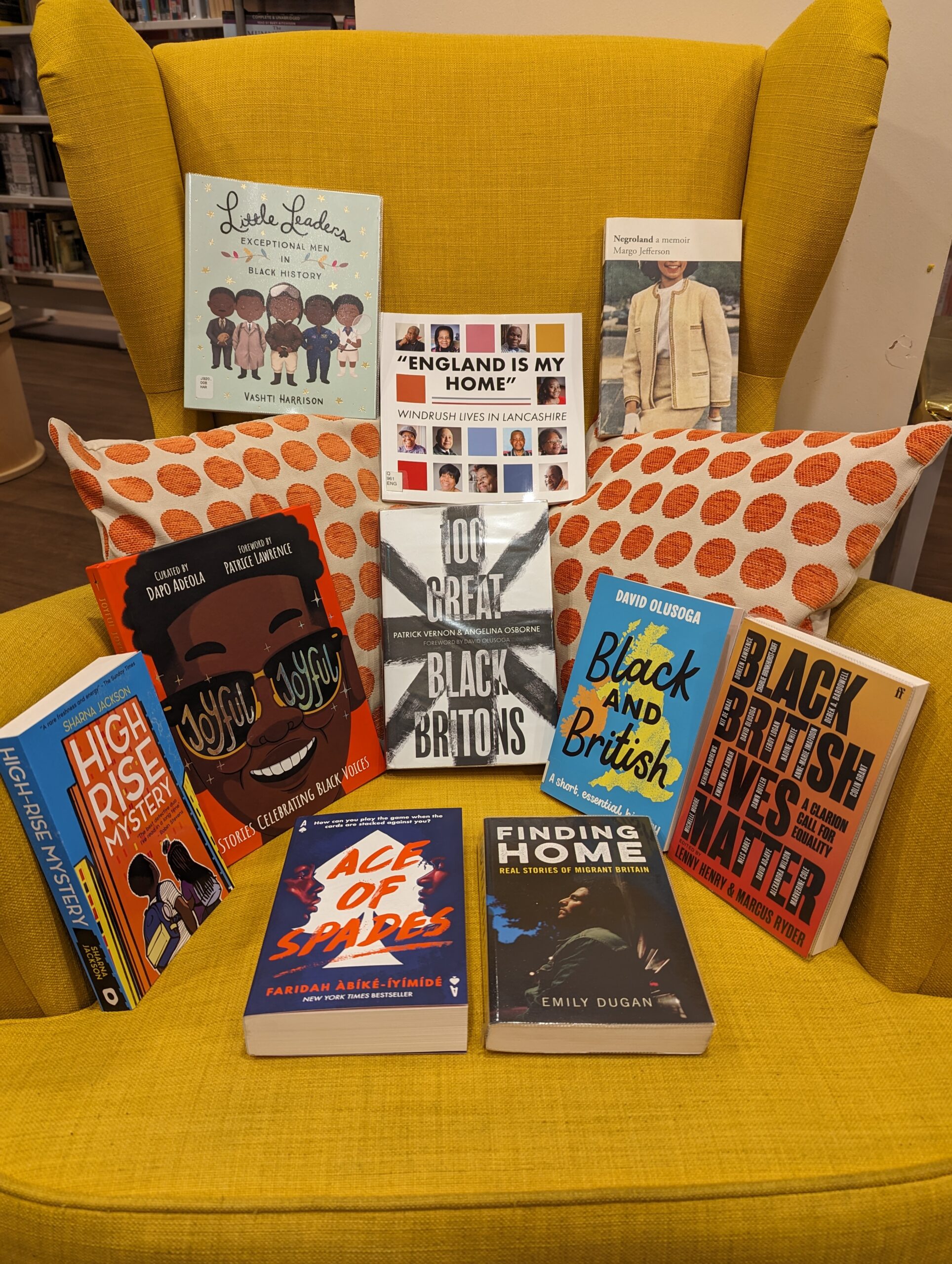 A yellow chair with books placed on it.