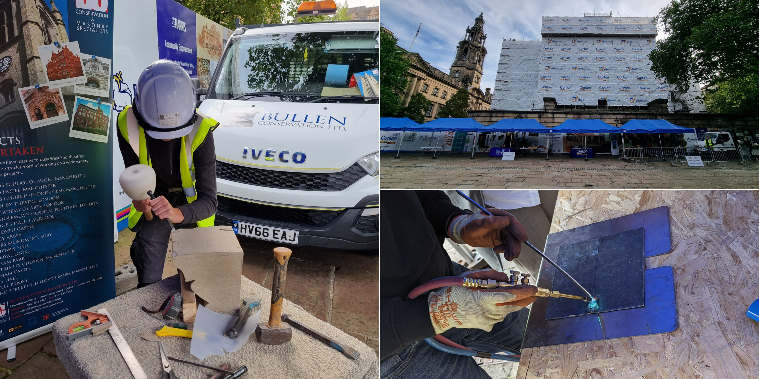A collage including welding and a person having a go at welding.