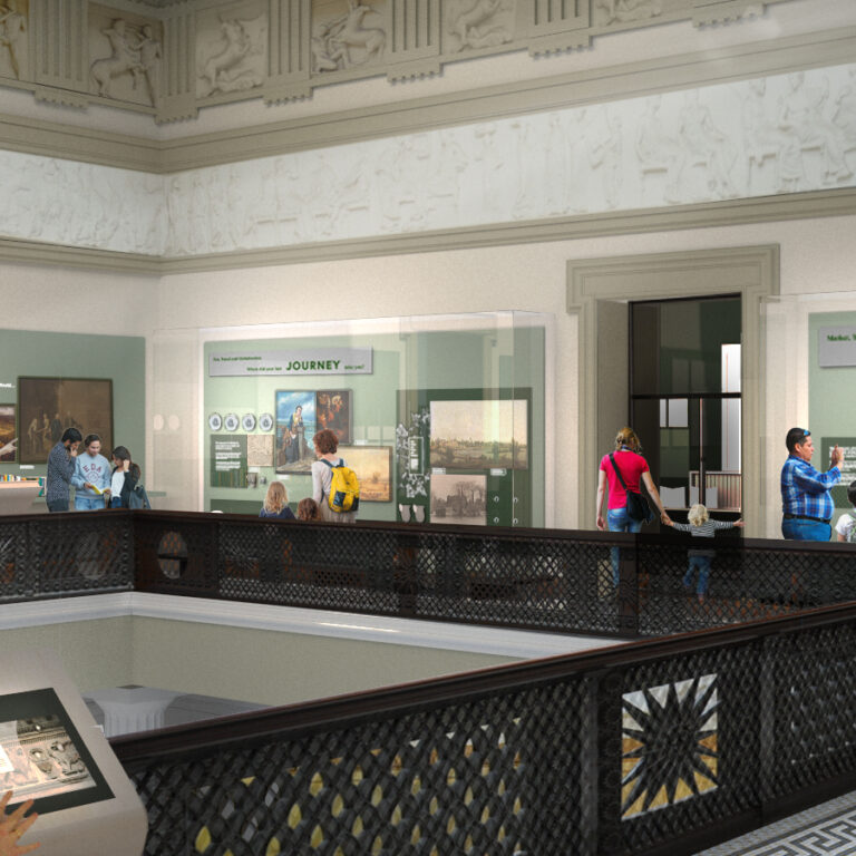 The second floor balcony, featuring collection items and a decorative railing.
