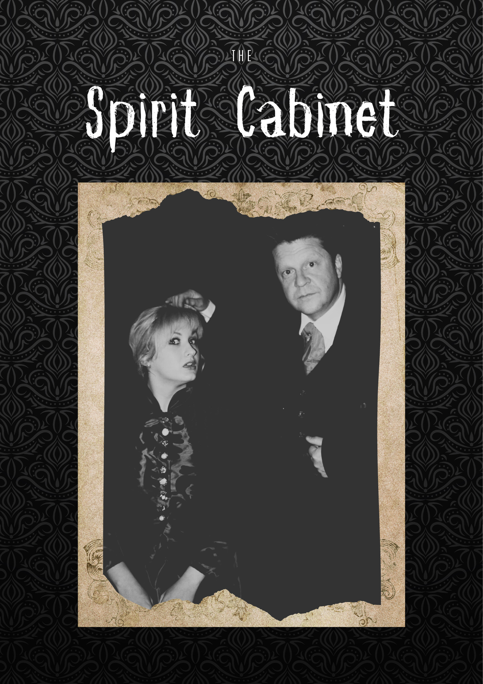 Image of two people in a black and white photograph with 'Spirit Cabinet' written in white font over the top