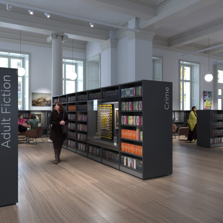 The new adult library featuring shelves of books and collection items. 