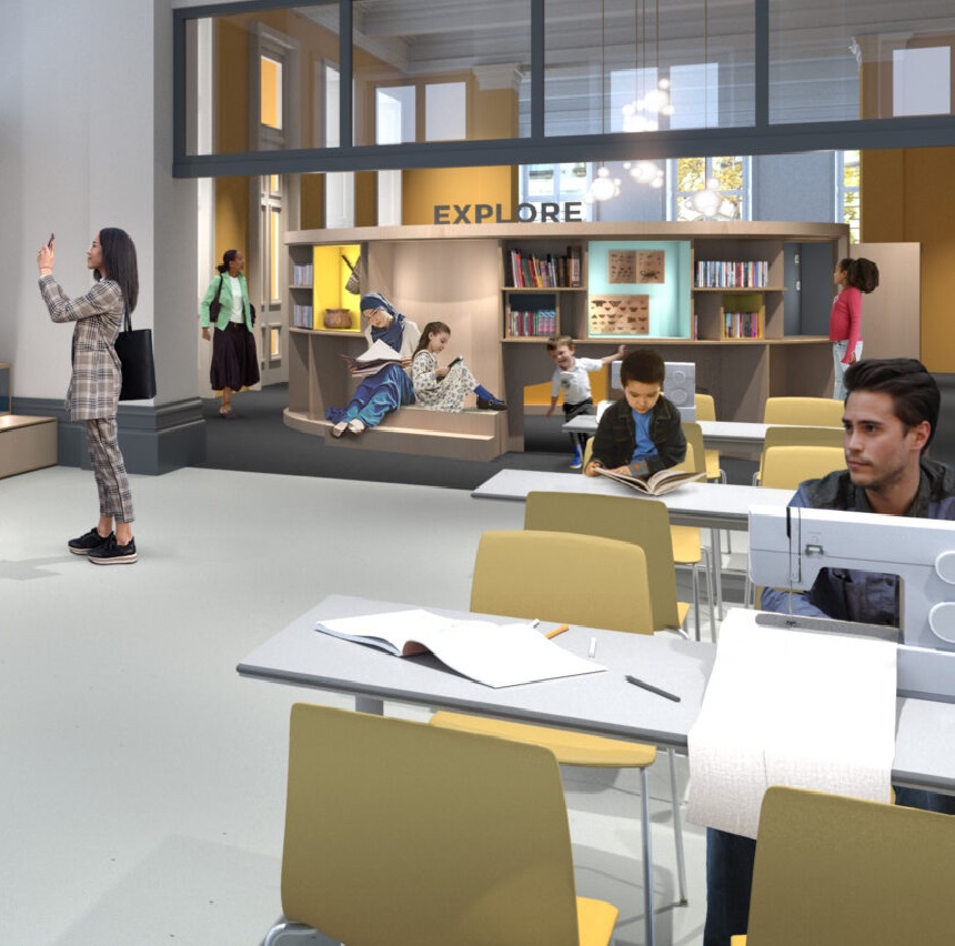The new studio space featuring tables and study spaces.