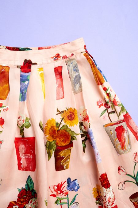 Image of a patterned pink silk skirt