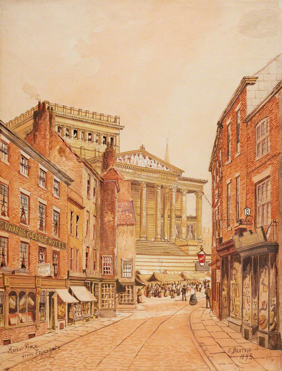 Image of a watercolour painting of Preston Flag Market