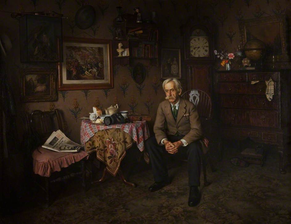 Image of a painting of a man looking sad sat on a chair
