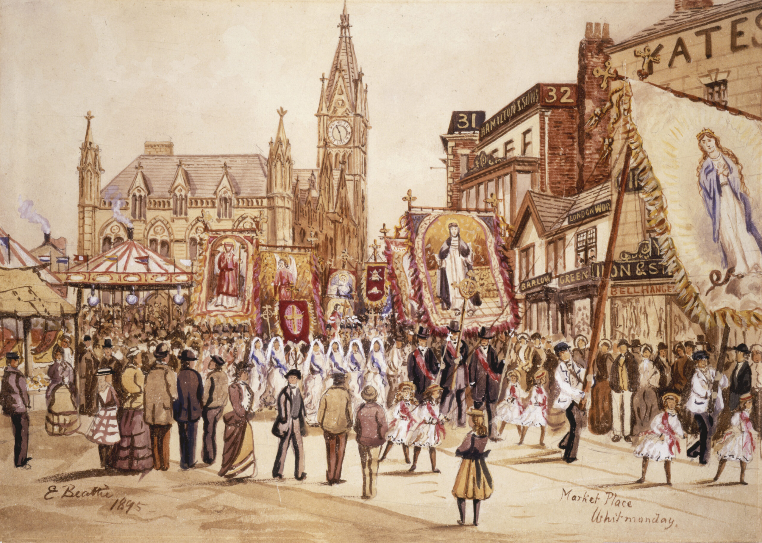 A painting of a religious procession going through the streets of Preston.
