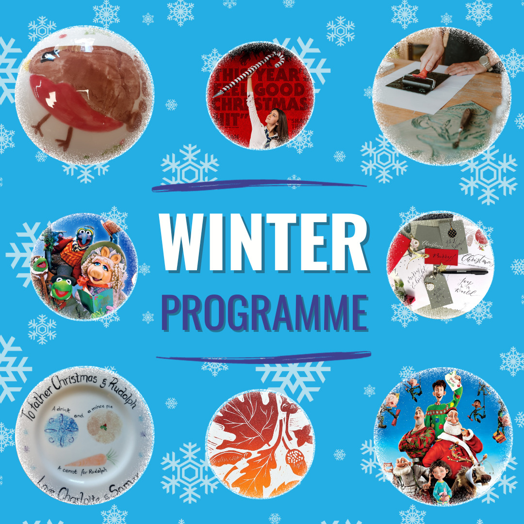 A blue graphic featuring snowflakes and pictures of our winter programme events.
