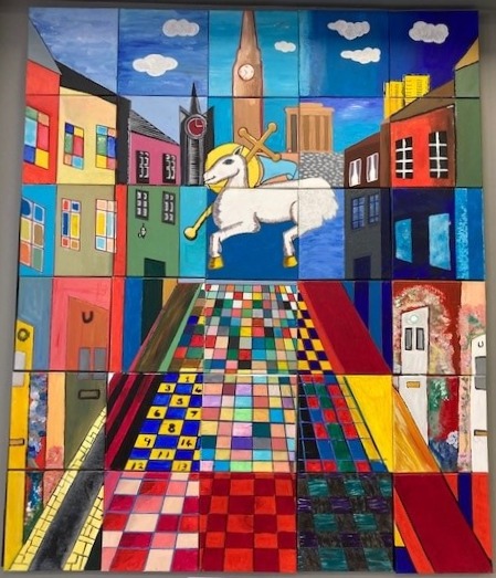 A colourful collage of canvases depicting the Preston lamb.