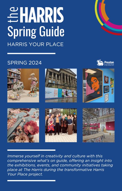 The front cover of the Harris spring guide, featuring images of exhibitions, projects and volunteers.