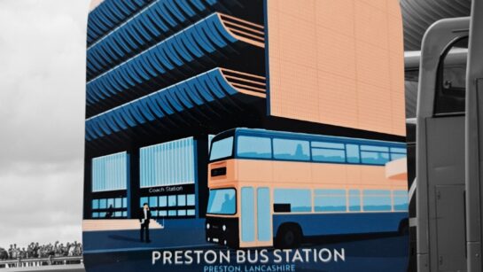 Image of a Preston Bus Station Coaster on a background of an image of the Bus Station.