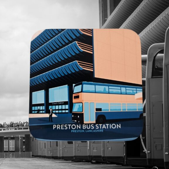 Image of a Preston Bus Station Coaster on a background of an image of the Bus Station.