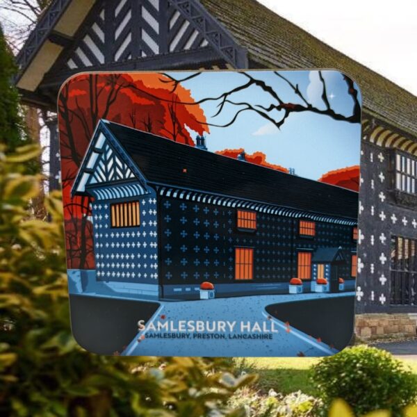 A coaster with 'Samlesbury Hall' written on it in front of an image of the Hall