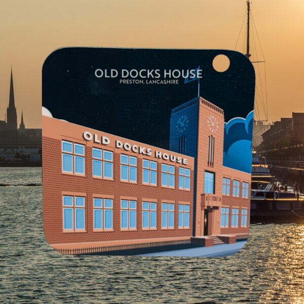 Image of a coaster with 'Old Docks House' written on it in front of Preston Docks.