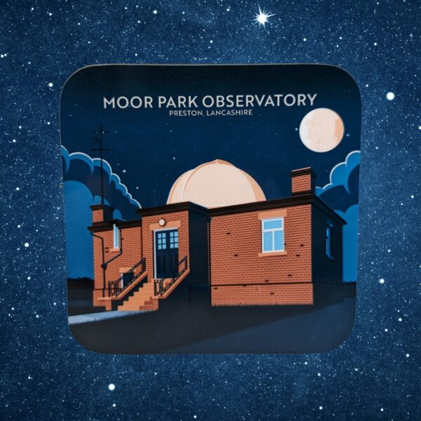 Image of a coaster with 'Moor Park Observatory' written on it on a background of a starry sky.