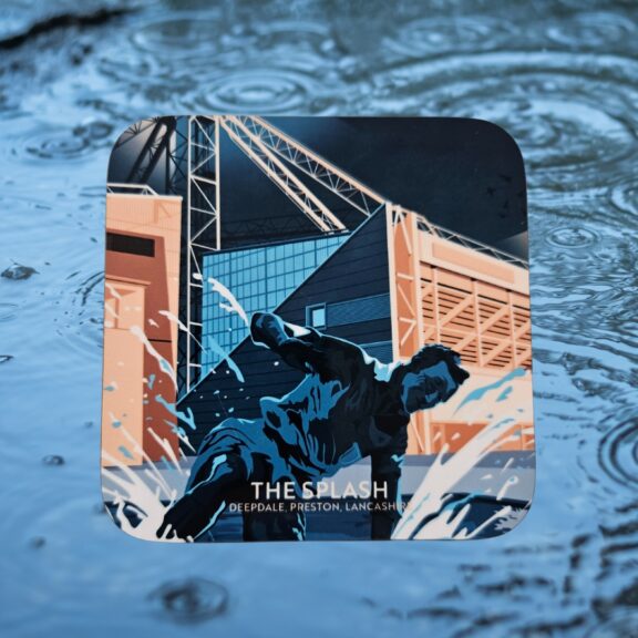Image of a coaster with 'The Splash' written on it on a background of rain hitting a puddle.