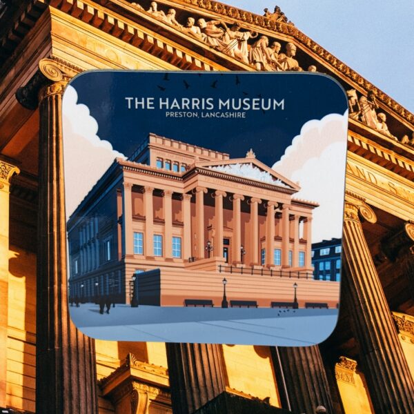 Image of a Harris Museum coaster, highlighting the front façade with the pillars and pediment features.