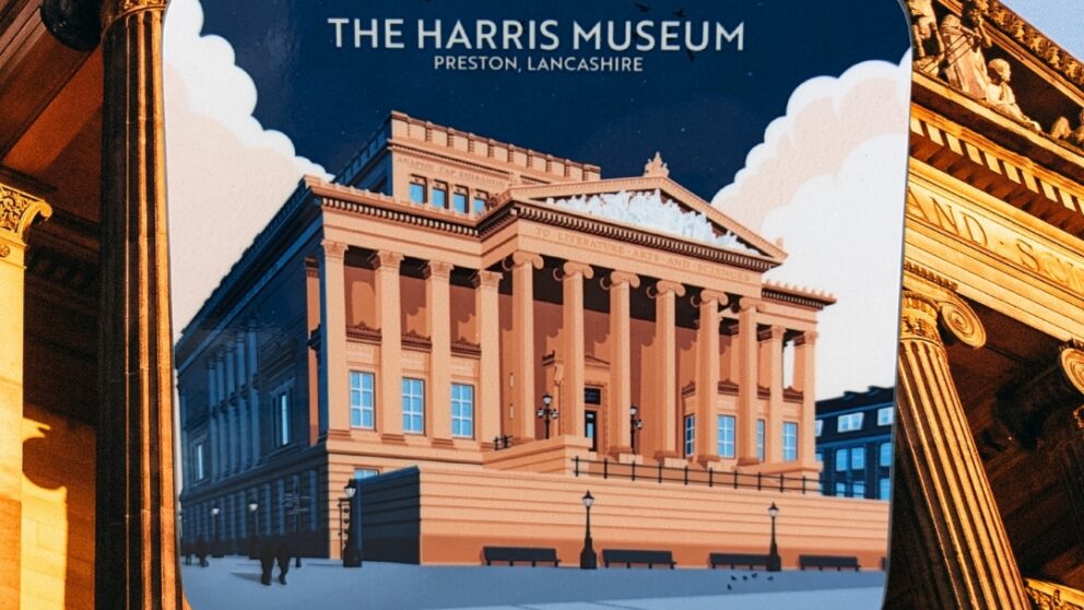 Image of a Harris Museum coaster, highlighting the front façade with the pillars and pediment features.