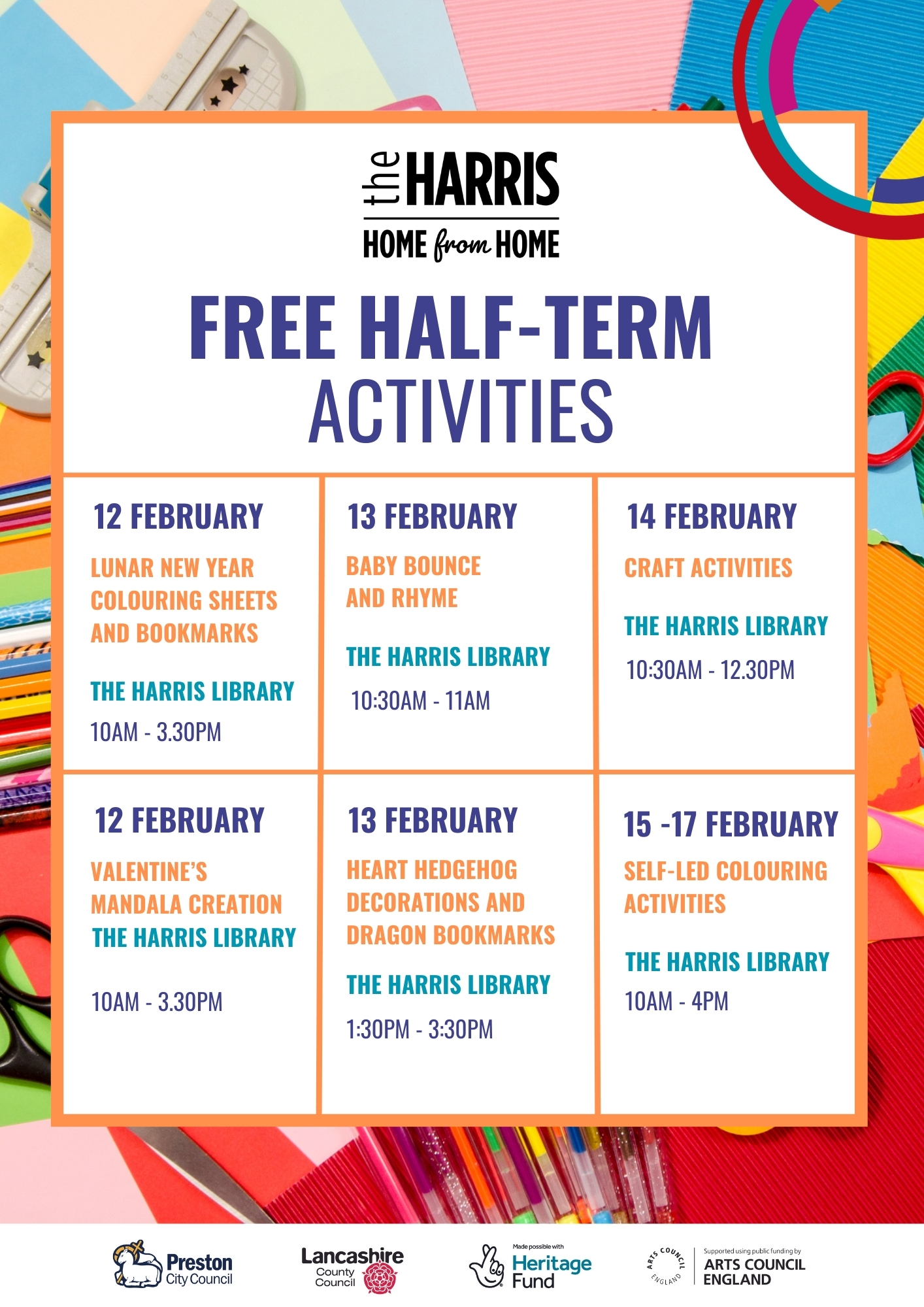 February Half-Term poster with a colourful background of scissors and pencils.